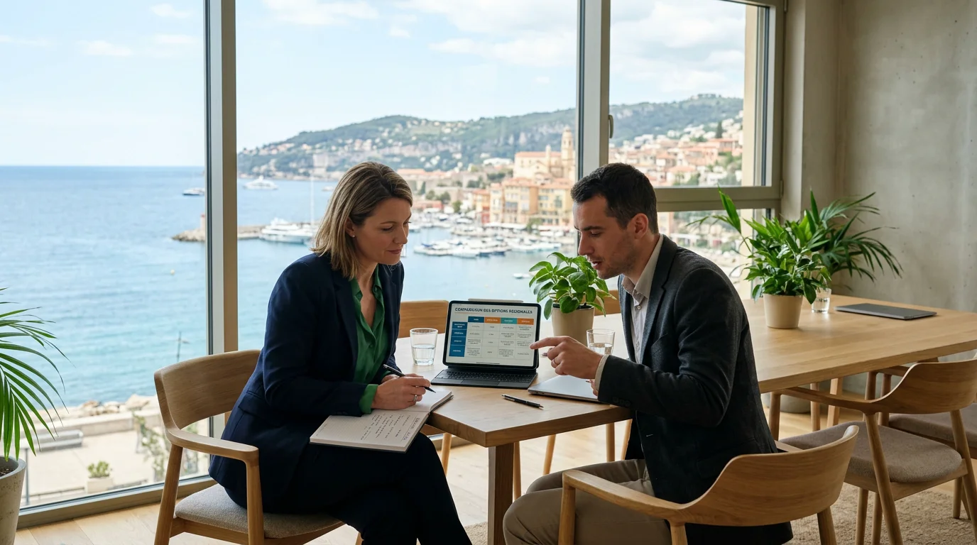 Agence web éco-responsable : le guide complet en 2026 2 Deux professionnels comparant des prestataires web sur la Côte d'Azur