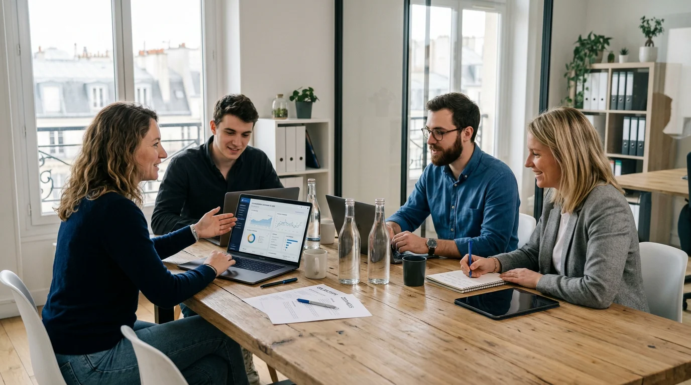 Agence de communication web : bien la choisir en 2026 1 Équipe d'une agence de communication web analysant des données marketing
