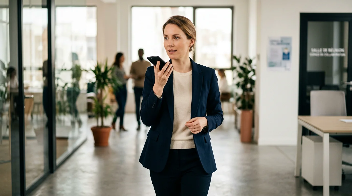 Recherche vocale et référencement : le guide SEO 2026 1 Femme européenne effectuant une recherche vocale sur son smartphone