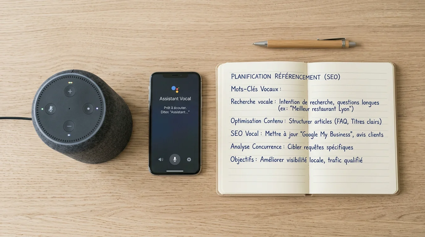 Recherche vocale et référencement : le guide SEO 2026 2 Enceinte connectée et smartphone posés sur un bureau pour illustrer le SEO vocal