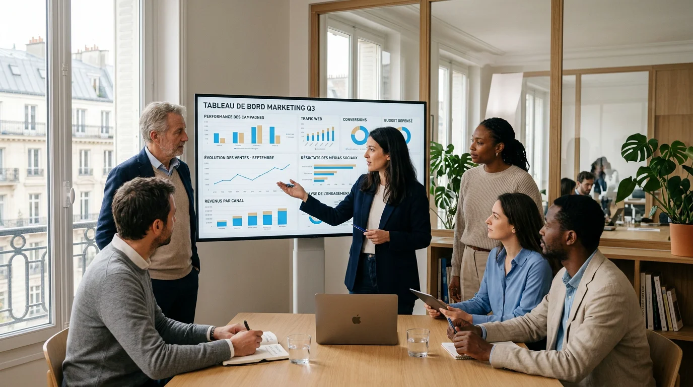 Agence marketing digital : définition, rôle et services 1 Équipe marketing analysant des données de performance sur un écran