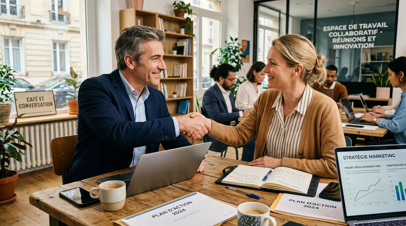 Agence marketing digital : définition, rôle et services 2 Dirigeant et consultant marketing concluant un partenariat