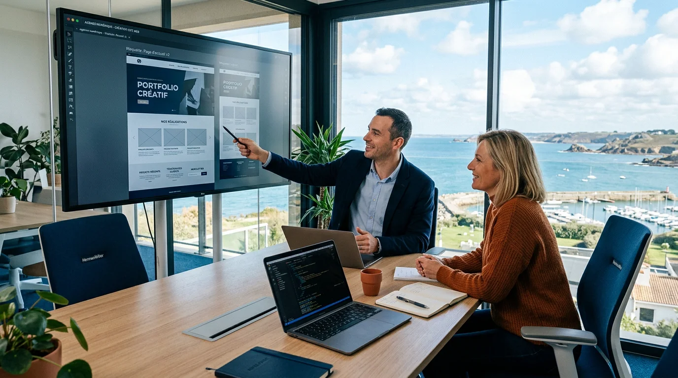 article-201c6721-e3e8-40cc-ac48-f832072e37e5-img-0 Développeur web européen présentant un projet de site à un client dans un bureau moderne