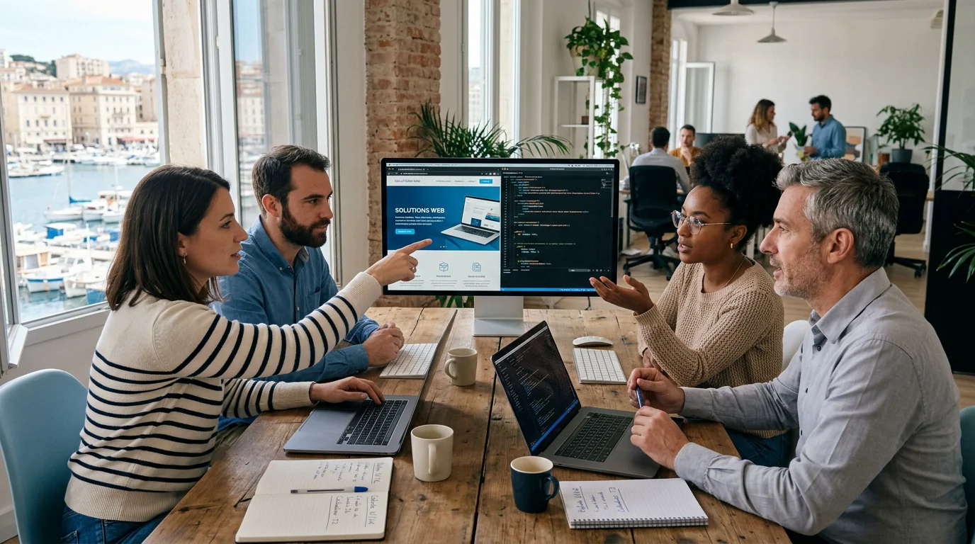 Agence de développement web : bien la choisir en 2026 1 Équipe européenne d'une agence de développement web au travail dans un bureau lumineux