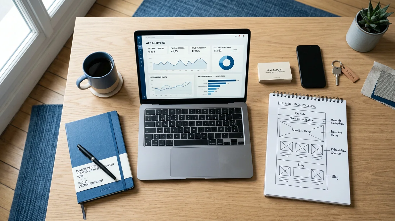 Agence de développement web : bien la choisir en 2026 2 Bureau de planification d'un projet de développement web avec tableau de bord et croquis