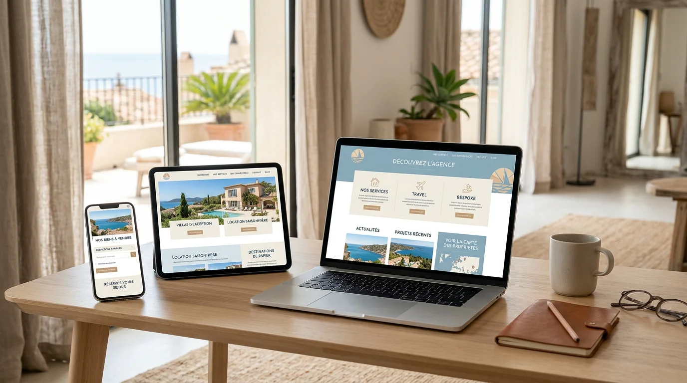 Site web responsive affiché sur ordinateur, tablette et smartphone conçu par une agence Webflow