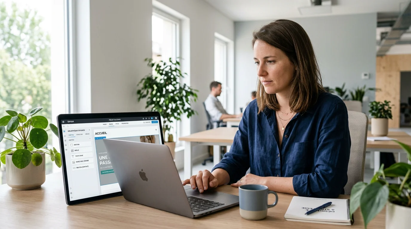 Designer européen travaillant sur un site conçu avec un outil no-code