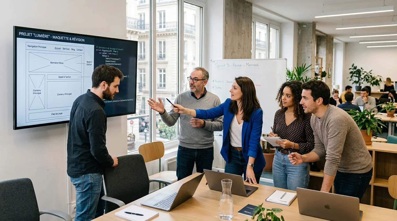 Agence de développement web sur mesure : bien la choisir 1 Équipe européenne de développeurs web travaillant sur des maquettes et du code