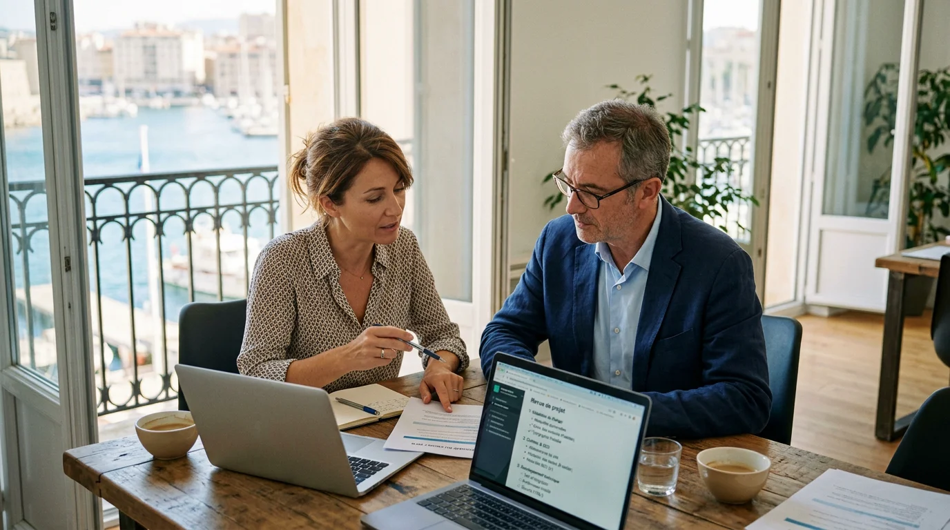 Agence de développement web sur mesure : bien la choisir 2 Dirigeant et consultant web examinant les critères de choix d'une agence
