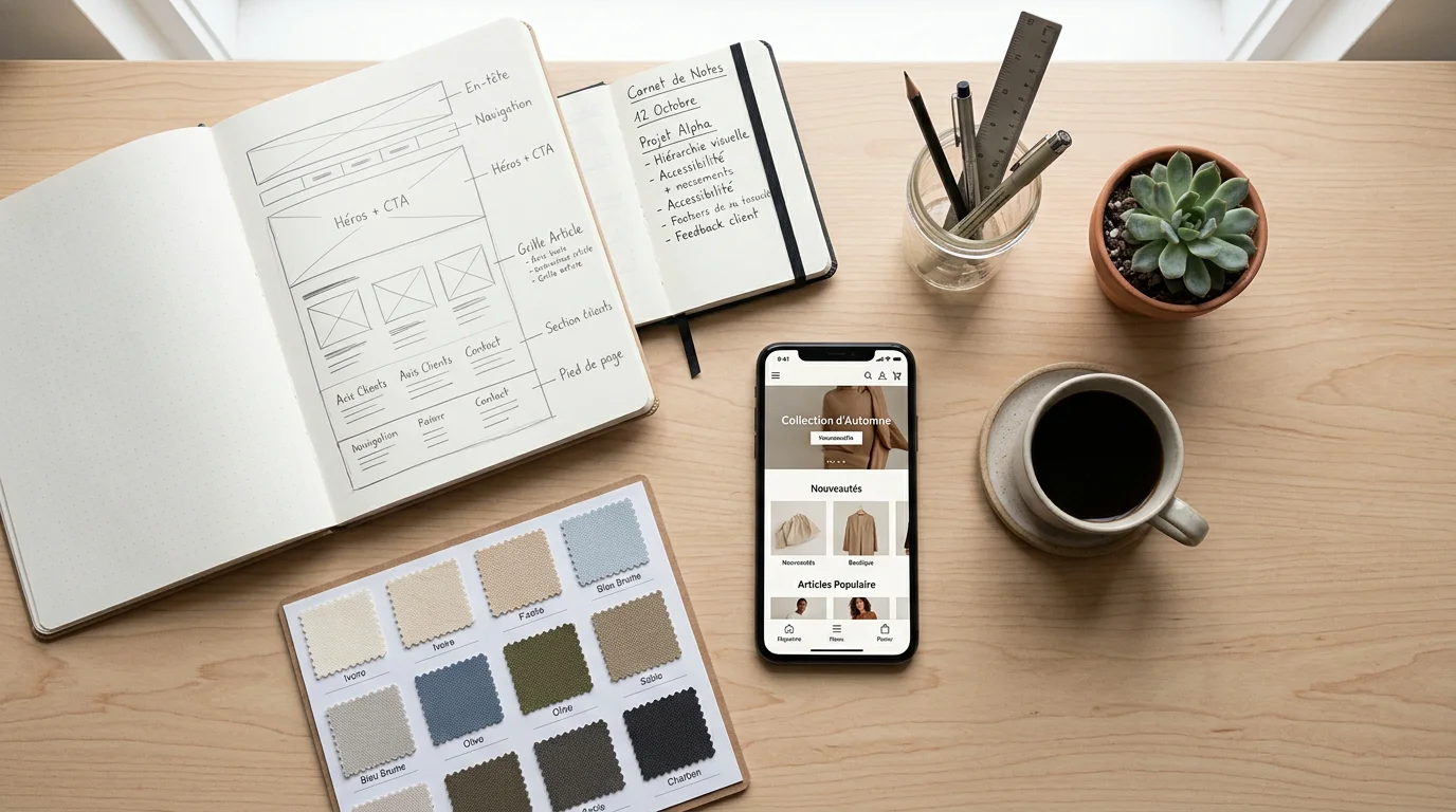 Site pro : le guide complet pour créer le vôtre en 2026 2 Maquettes et éléments de conception d'un site web professionnel disposés sur un bureau