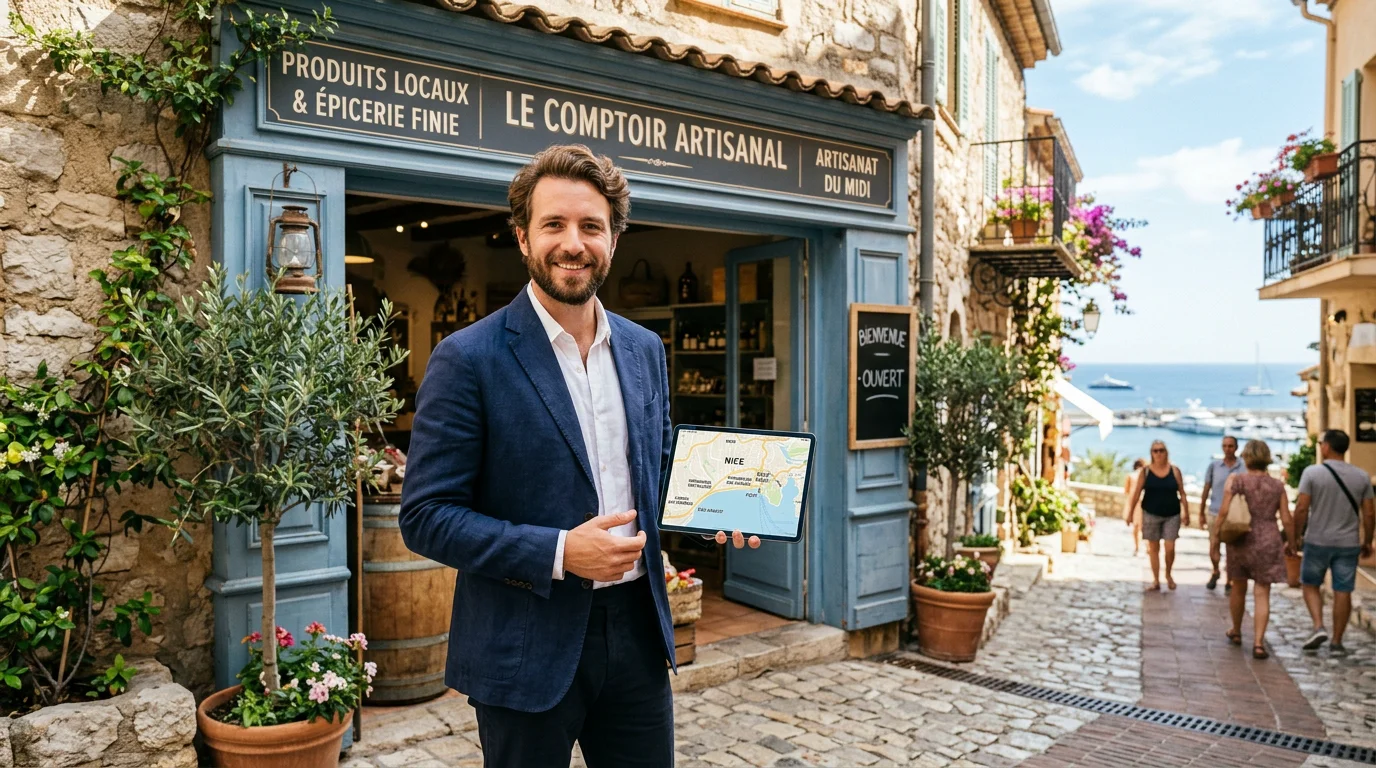 article-3b7e33b3-d856-410d-a69d-c43302356427-img-0-1 Entrepreneur européen devant sa boutique sur la Côte d'Azur consultant une carte locale sur tablette