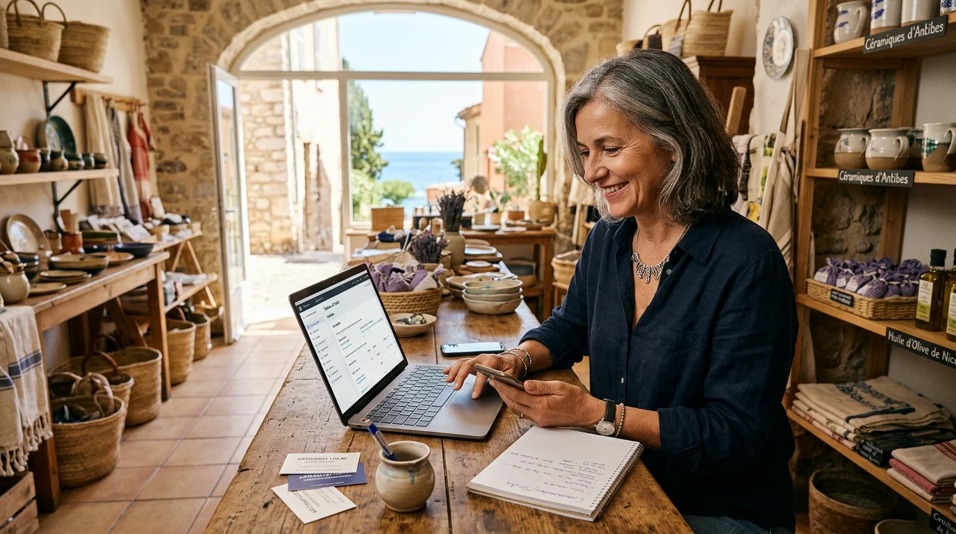 Prestation de SEO local : guide pour votre visibilité 2026 1 Commerçant européen optimisant sa visibilité locale sur ordinateur et smartphone dans sa boutique