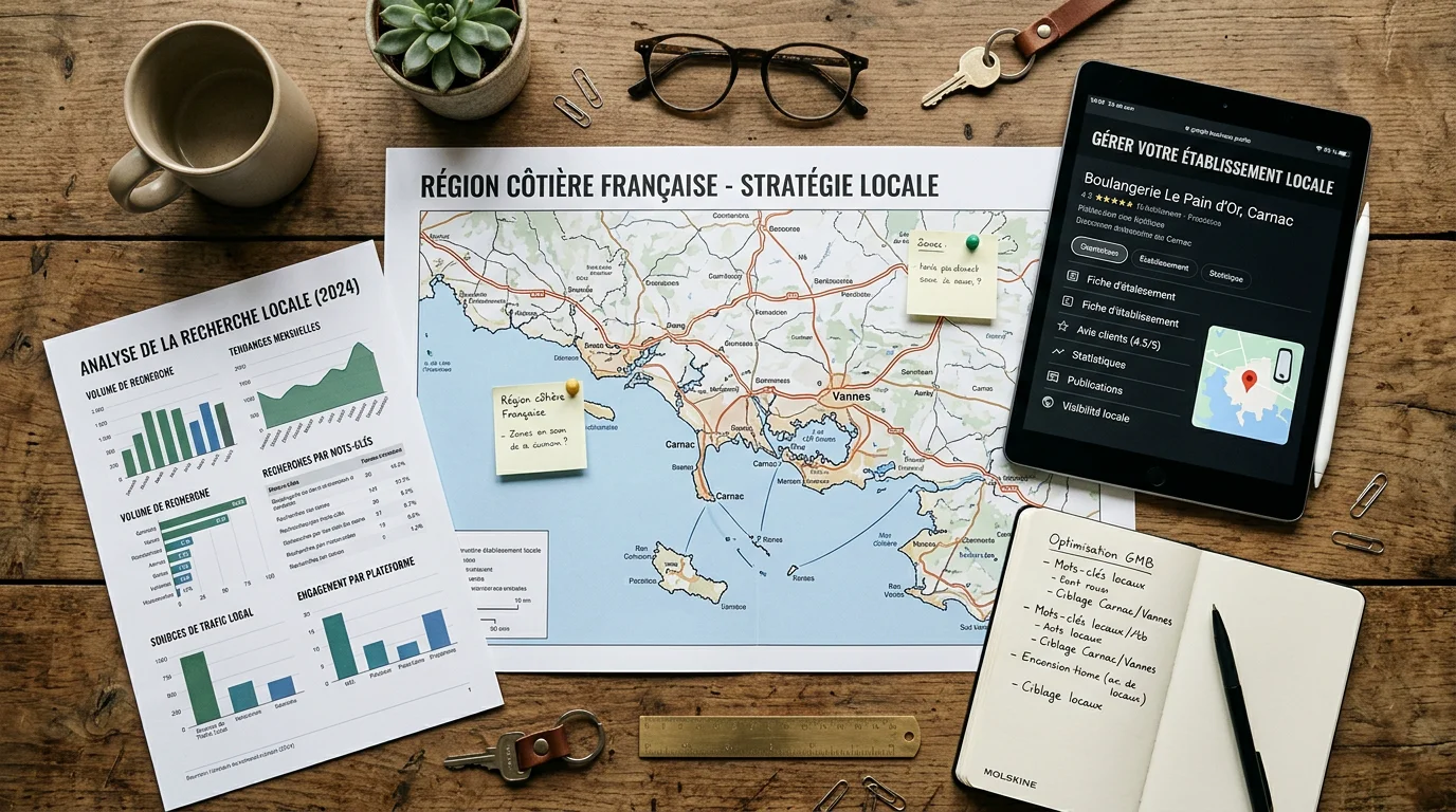 Prestation de SEO local : guide pour votre visibilité 2026 2 Bureau d'analyse de performance SEO local avec graphiques et carte régionale