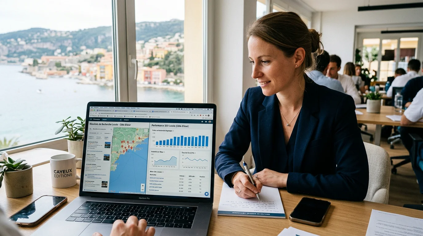 Site web d'agence de communication : bien le concevoir en 2026 2 Consultante analysant le référencement local d'un site d'agence sur la Côte d'Azur