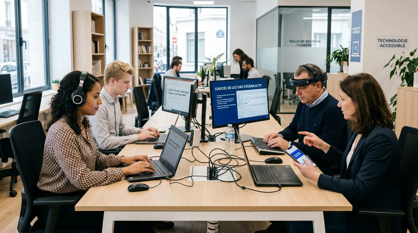 Création de site web inclusif et accessible : le guide 1 Plusieurs personnes utilisant des outils numériques accessibles dans un bureau lumineux