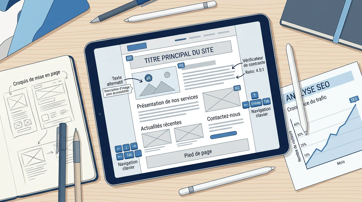 Création de site web inclusif et accessible : le guide 2 Maquette de site annotée avec critères d'accessibilité et courbe de référencement