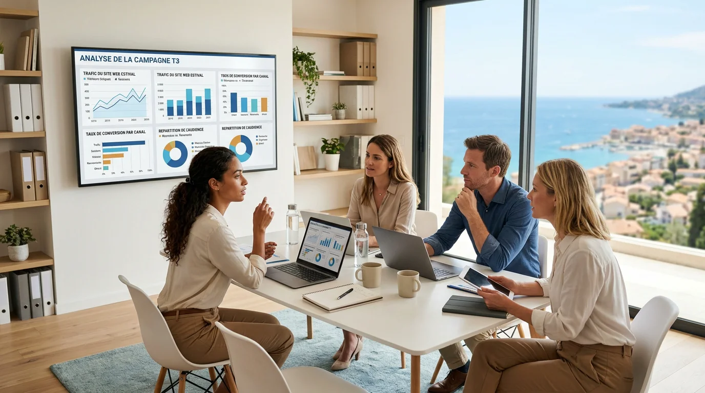 Agence web marketing : comment bien la choisir en 2026 1 Équipe d'une agence web marketing analysant des tableaux de bord digitaux