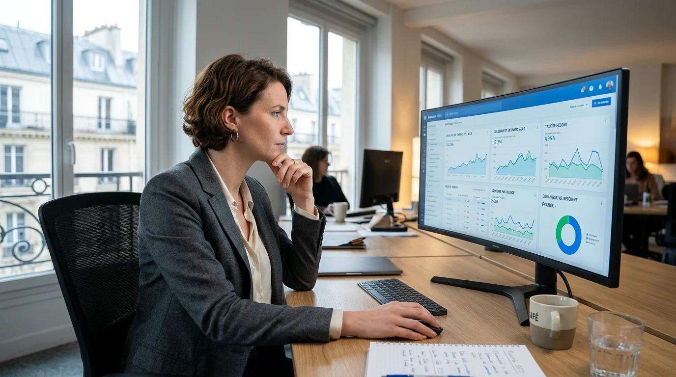 Agence web SEO : comment bien choisir votre prestataire 1 Consultant SEO européen analysant des tableaux de positionnement sur un écran
