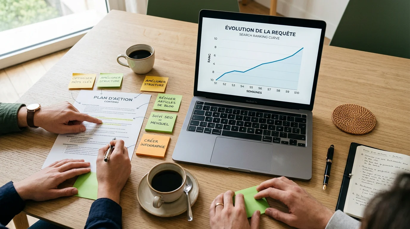 Agence web SEO : comment bien choisir votre prestataire 2 Réunion de stratégie SEO avec courbe de positionnement en hausse sur un écran