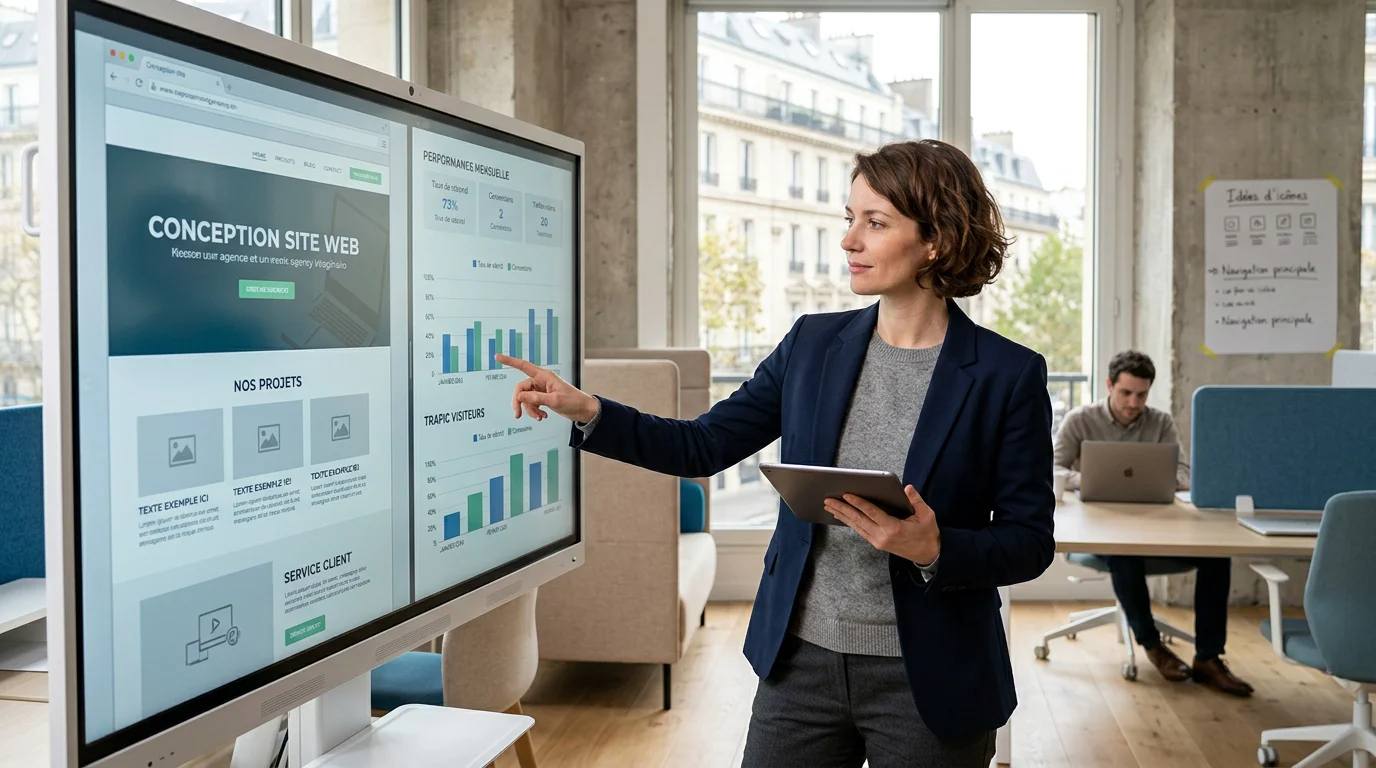 Agence de création : rôle, services et choix en 2026 2 Designer européen analysant design et performance sur écran