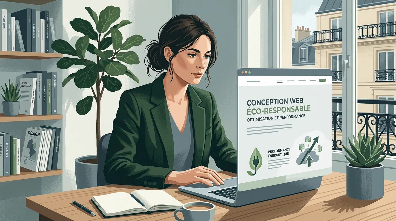 Site web éco-responsable : le guide complet en 2026 1 Concepteur web européen optimisant un site internet sobre sur son ordinateur