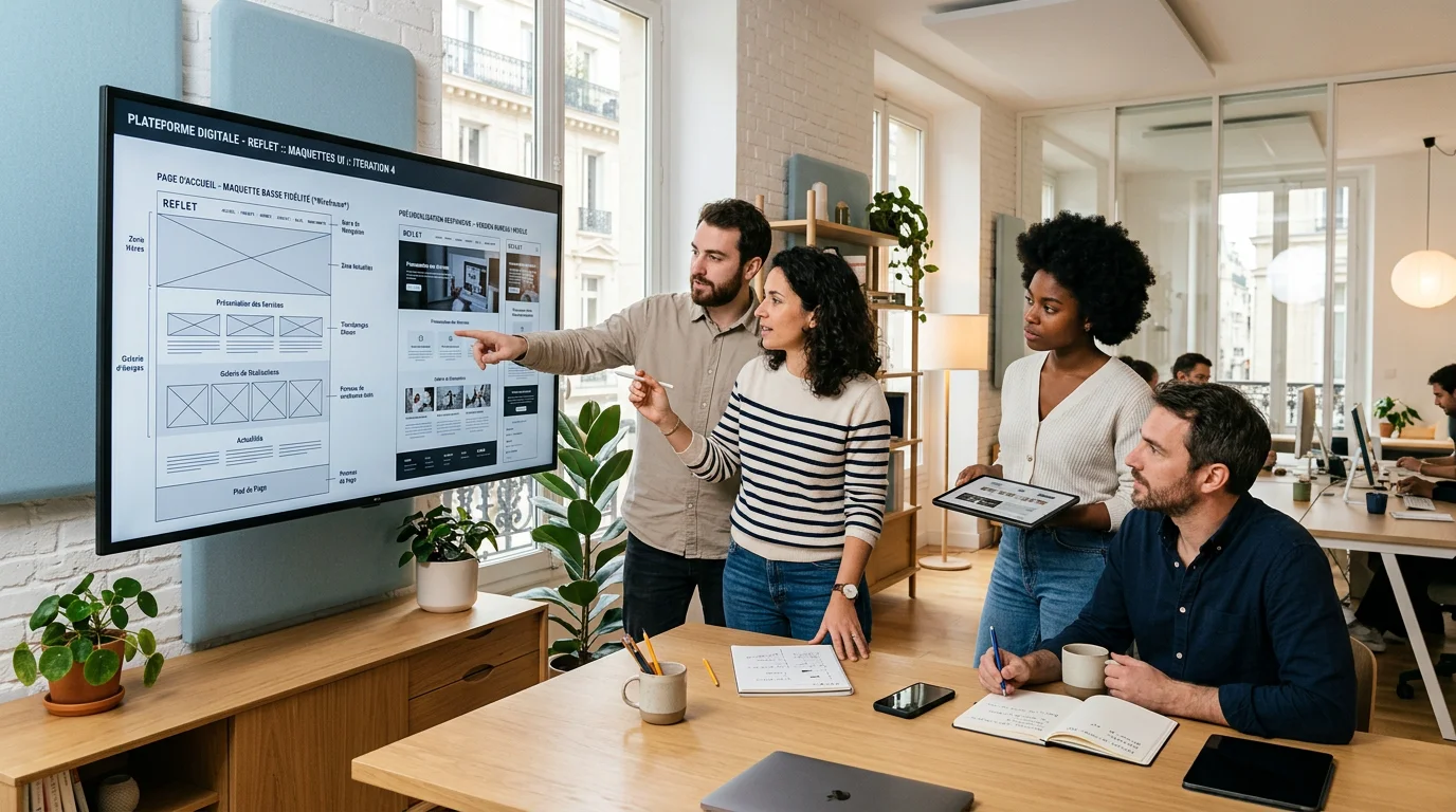 Agence web design : bien la choisir à Cannes en 2026 1 Équipe européenne de web design analysant des maquettes d'interface en studio