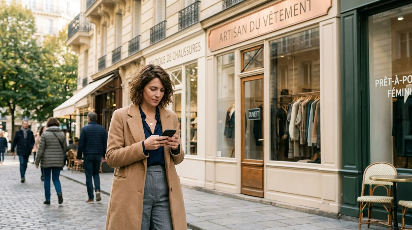 SEO local pour une boutique e-commerce mode à Paris 1 Cliente européenne consultant une boutique de mode sur son smartphone dans une rue parisienne