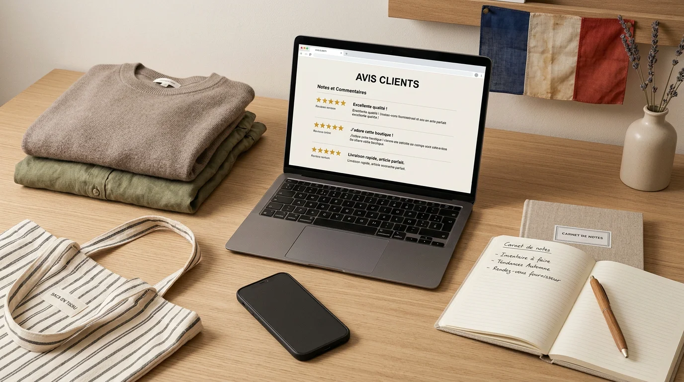 SEO local pour une boutique e-commerce mode à Paris 2 Bureau d'une boutique de mode avec ordinateur affichant des avis clients et vêtements pliés