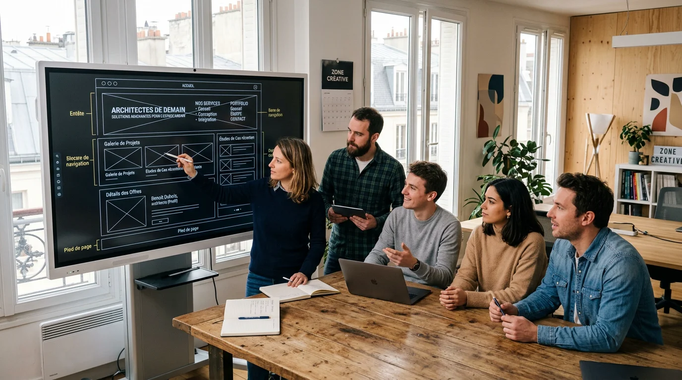Équipe d'une agence web travaillant sur la maquette d'un site internet