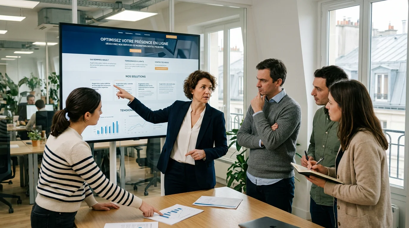 Storytelling landing page B2B : convertir plus de leads 2 Équipe marketing analysant les erreurs d'une landing page narrative