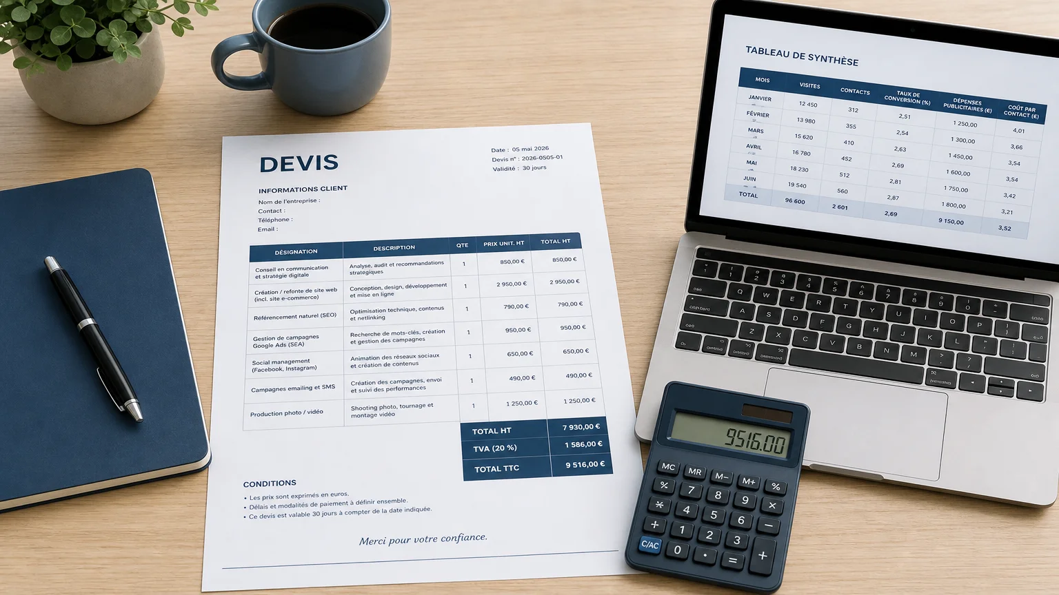 Devis de création de site : prix et conseils en 2026 1 Devis de création de site imprimé posé sur un bureau avec calculatrice et ordinateur