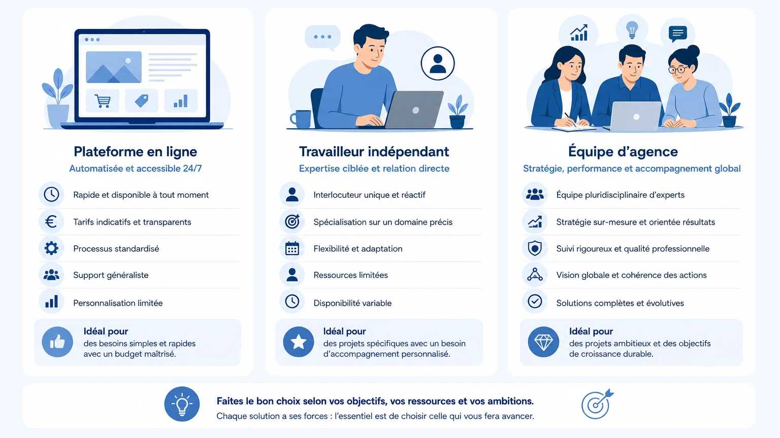 Devis de création de site : prix et conseils en 2026 2 Comparatif visuel entre plateforme en ligne, freelance et agence web pour un devis de site