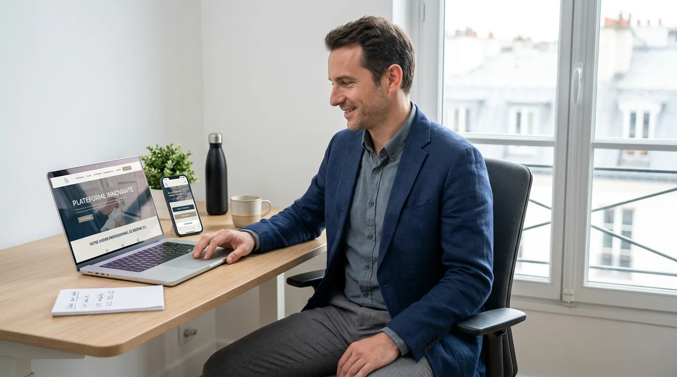 article-e4336fdf-5f67-44d0-9774-afa28ddc3c7d-img-0 Un entrepreneur européen consulte son nouveau site web professionnel sur ordinateur et mobile