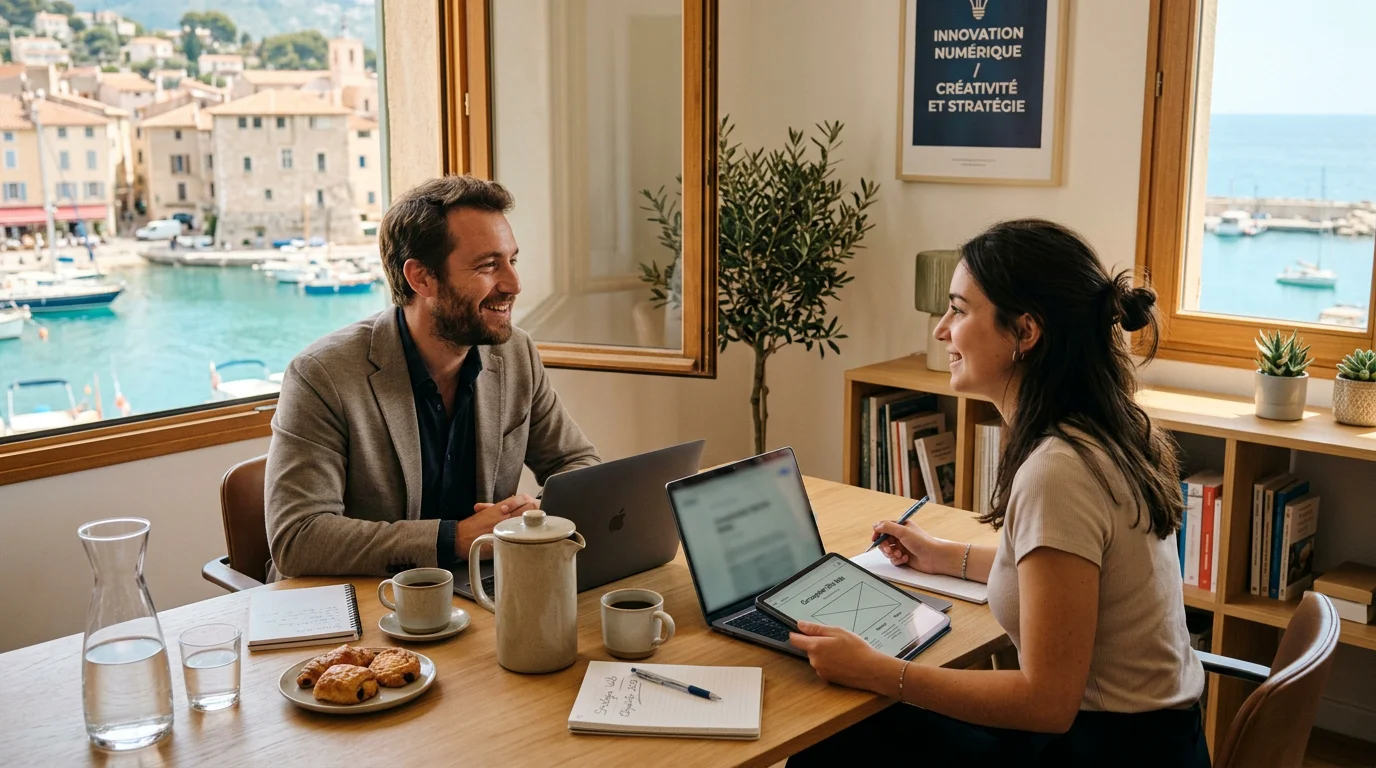Agence web française : comment bien la choisir en 2026 2 Rendez-vous entre un dirigeant et un consultant d'agence web sur la Côte d'Azur