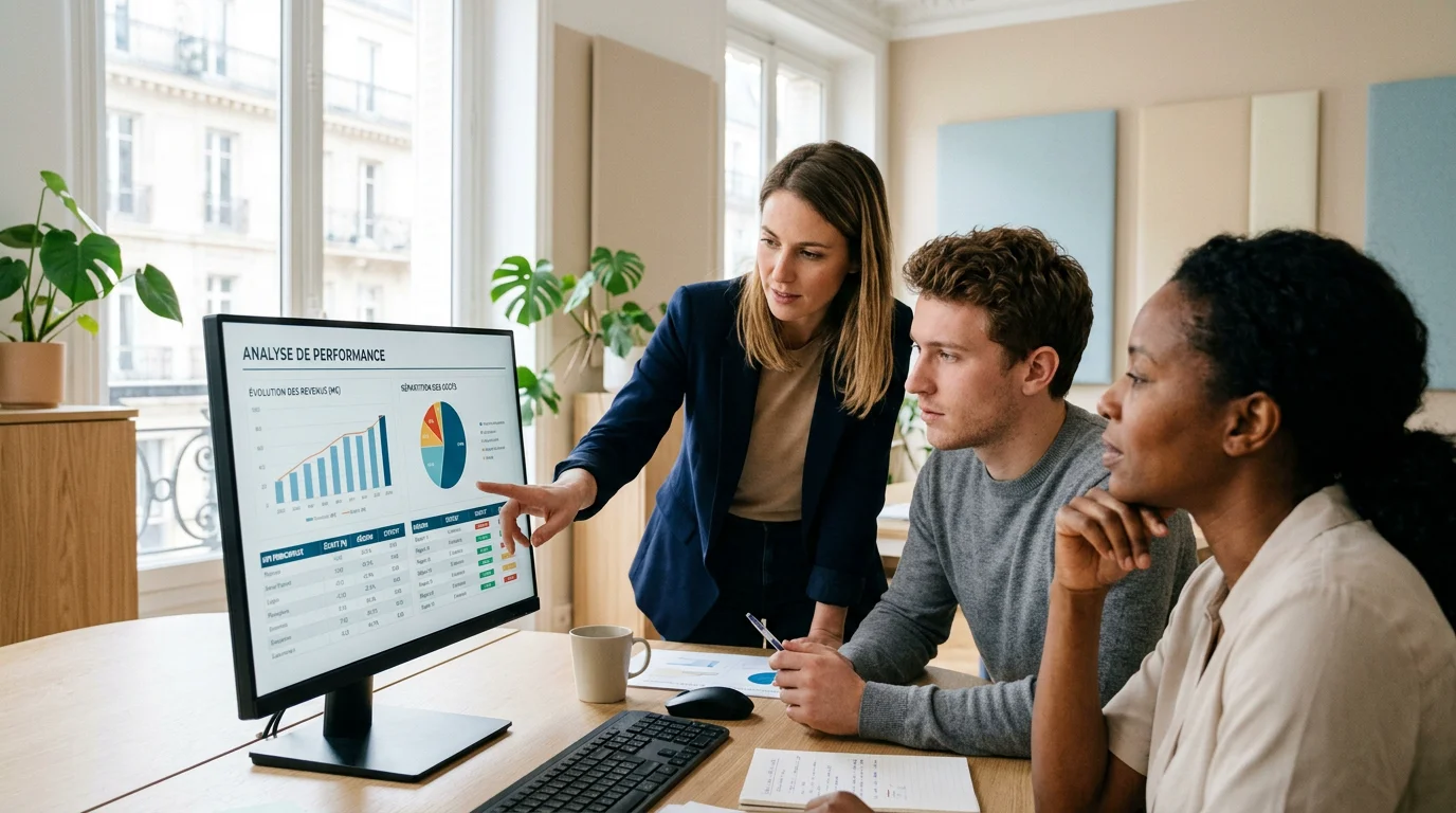 Business web agence : bien la choisir sur la Côte d'Azur 1 Équipe d'une agence web analysant les performances d'un site sur un tableau de bord