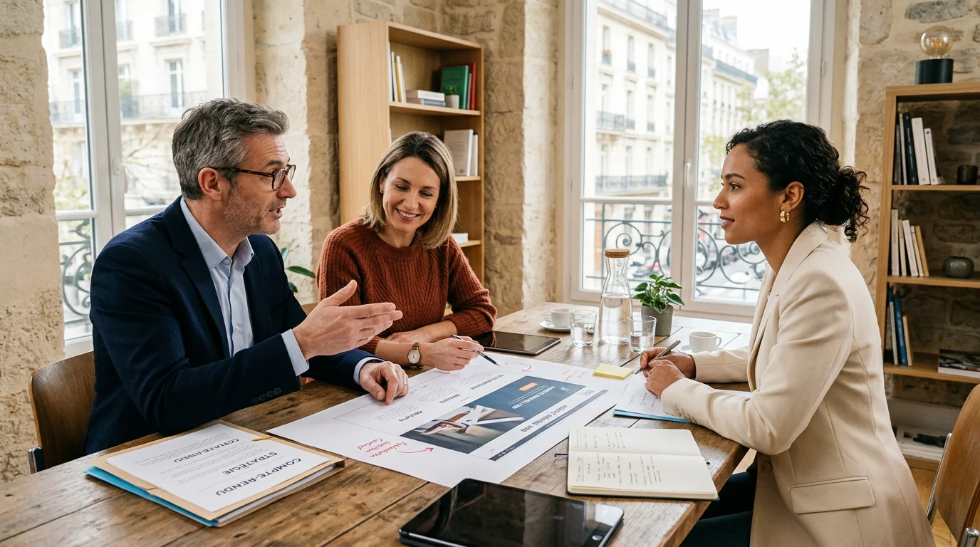 Business web agence : bien la choisir sur la Côte d'Azur 2 Réunion entre un dirigeant et une consultante pour choisir une agence web