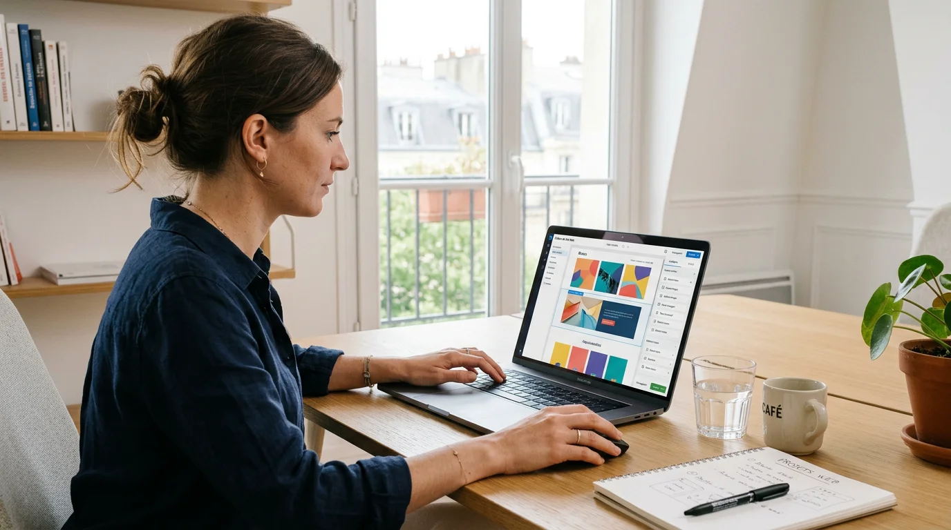 Elementor WordPress : le guide pour créer un site pro en 2026 1 Concepteur web européen créant une page en glisser-déposer sur son ordinateur portable