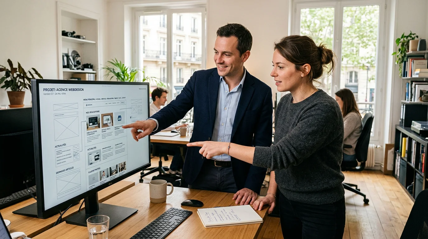 Elementor WordPress : le guide pour créer un site pro en 2026 2 Deux professionnels européens examinant la structure d'un site web en agence