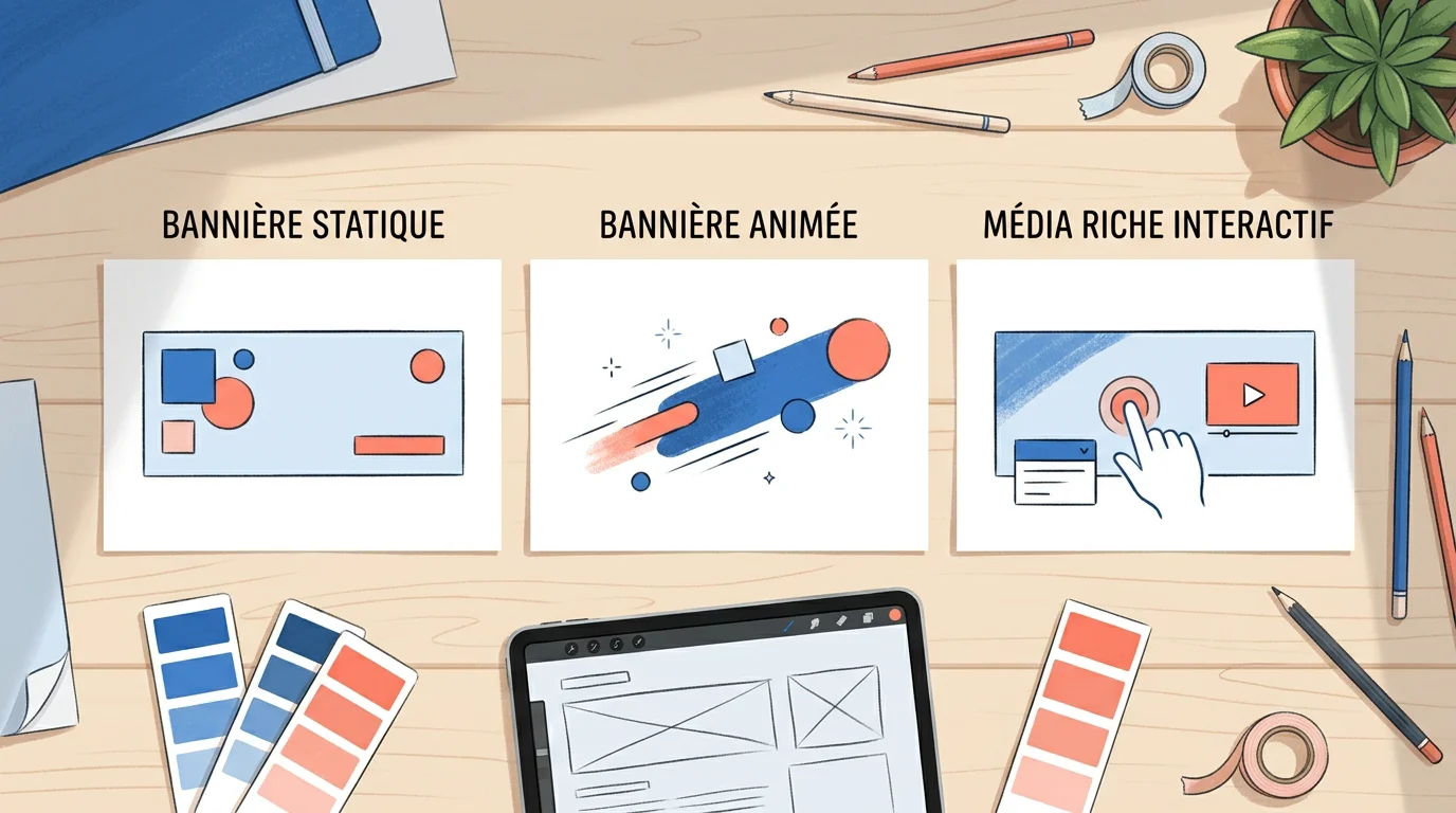 Bannière web : formats, tailles et conseils pour convertir 2 Comparaison visuelle entre bannière statique, animée et rich media