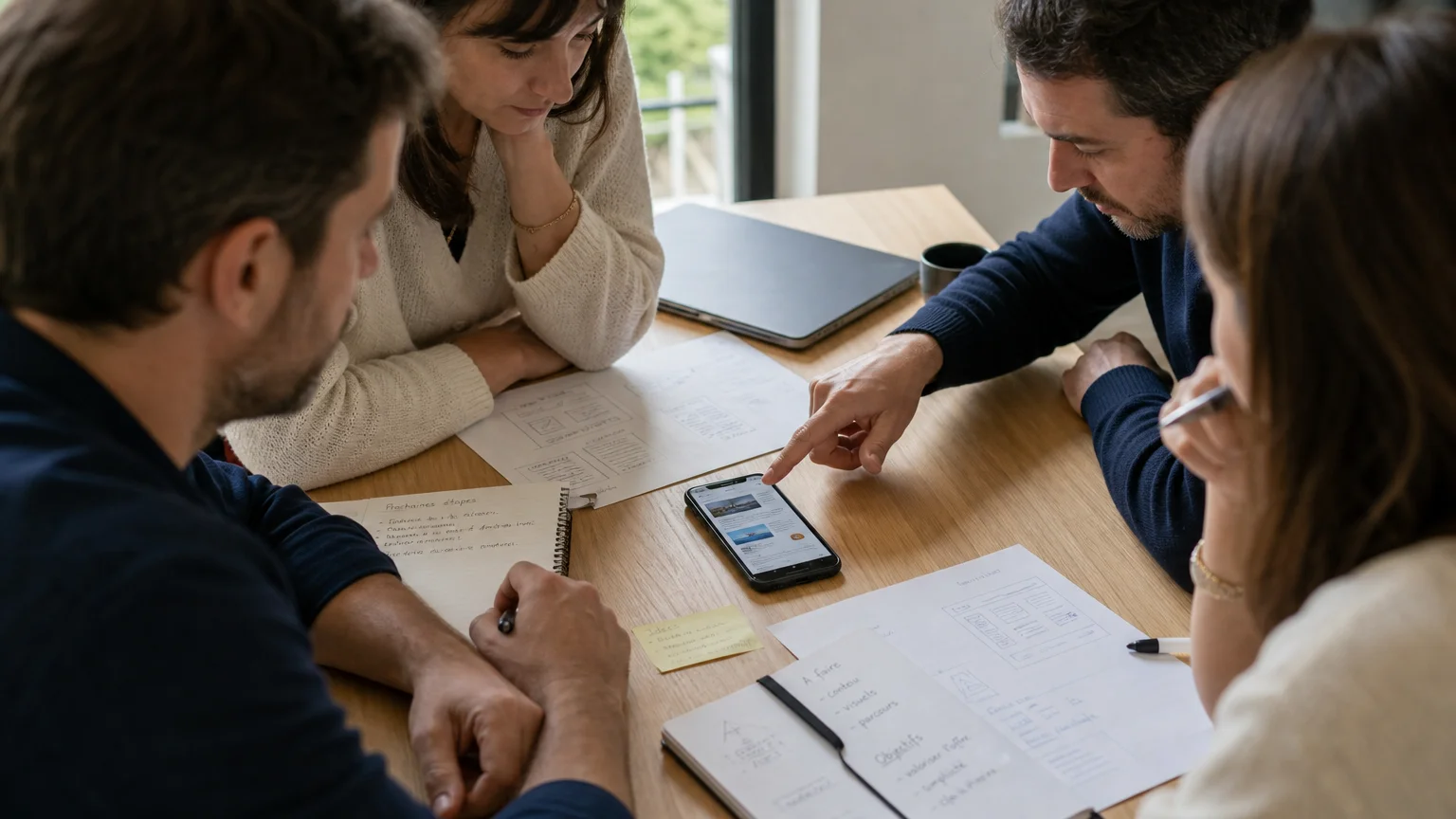 Conception web mobile-first : les clés d’un site performant 1 Équipe testant une interface mobile lors d’un atelier de conception