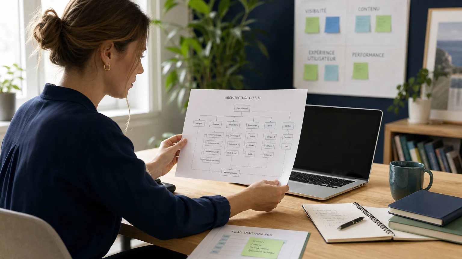 Les 3 piliers du SEO : technique, contenu et popularité 1 Consultante analysant la structure technique d’un site pour le référencement naturel