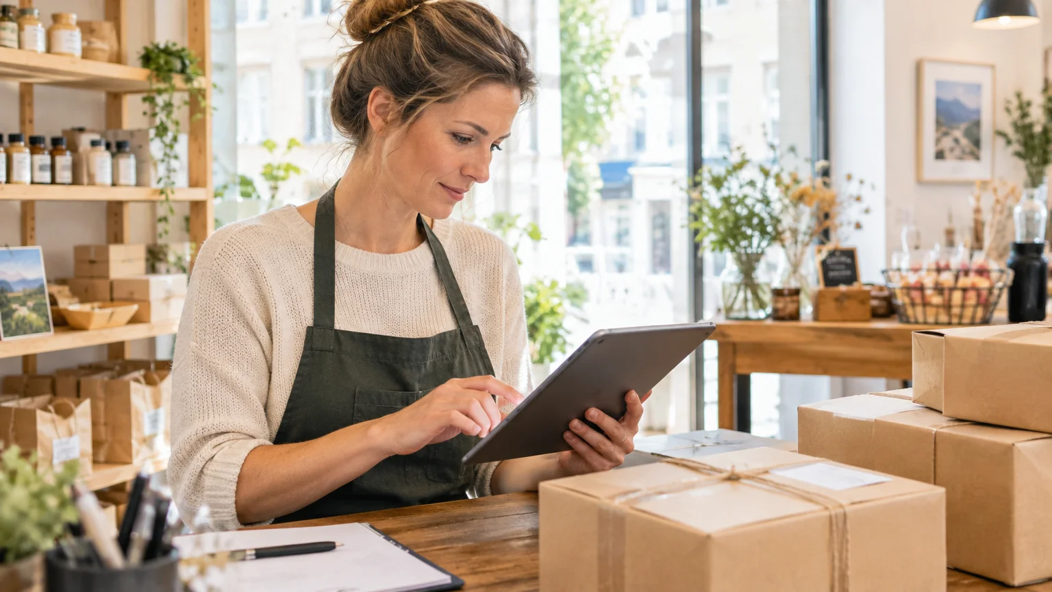 Créer un site e-commerce avec WooCommerce : critères de choix 1 Une commerçante vérifie un catalogue sur une tablette près de colis préparés