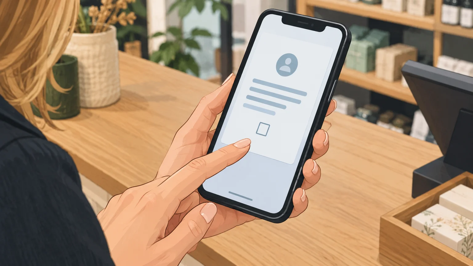 Réussir une campagne SMS en entreprise : méthode et conseils 1 Un smartphone affiche une case de consentement décochée avant l’inscription.