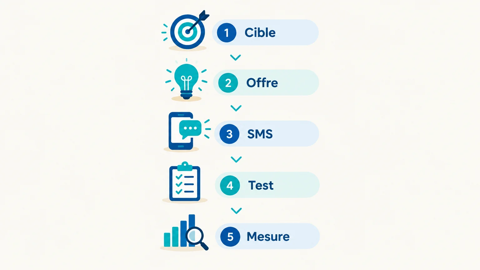 Réussir une campagne SMS en entreprise : méthode et conseils 2 Checklist illustrée des étapes : cible, offre, SMS, test et mesure.