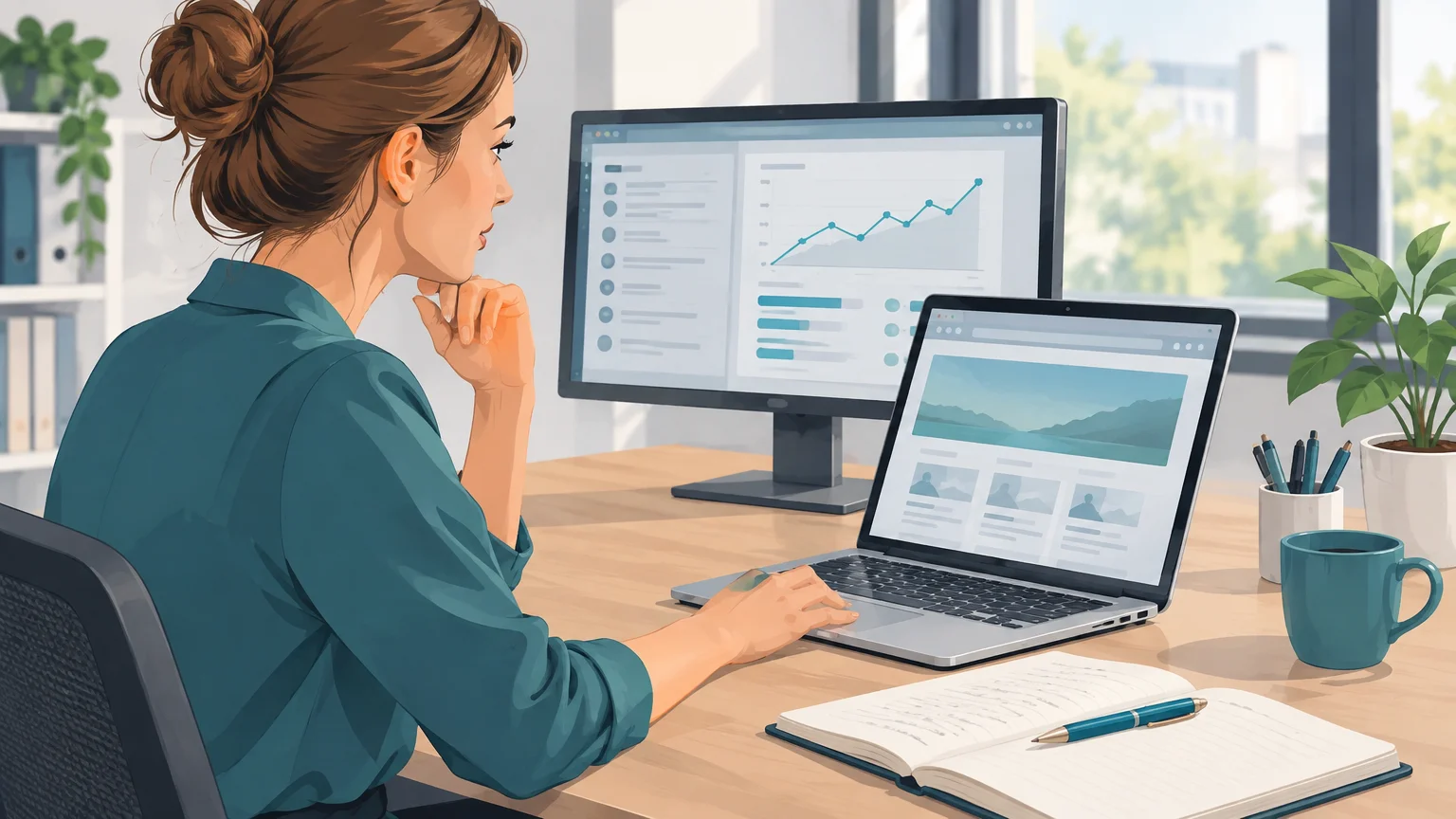 Connecter WordPress à Google Ads : suivi des conversions 1 Personne vérifiant le suivi d’une page web sur un ordinateur dans un bureau lumineux.